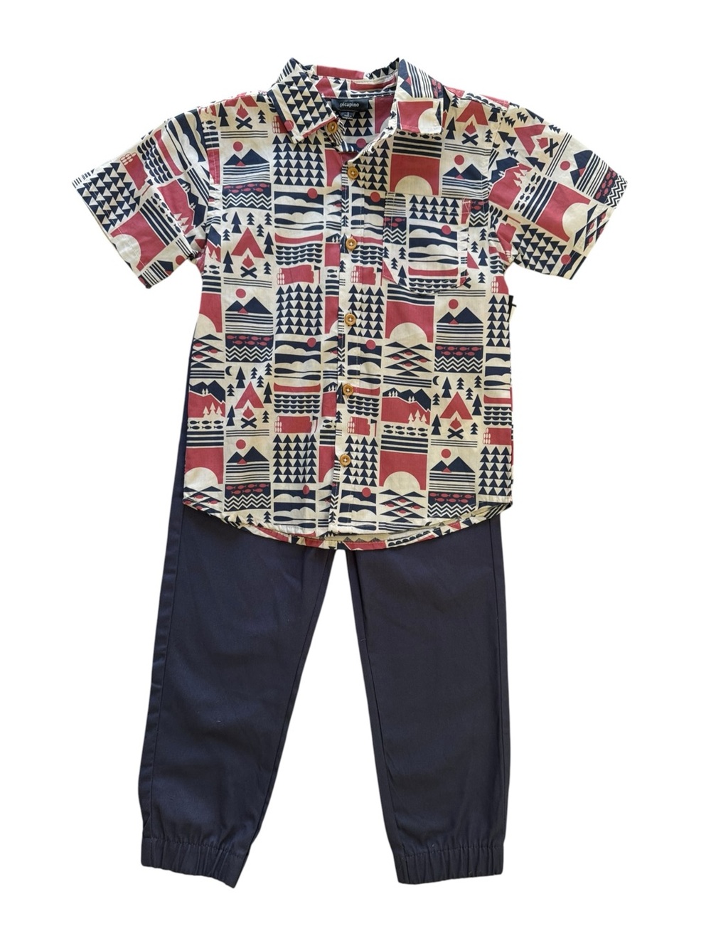 Picapino Boys Size 5 Camping Outdoor Print Shirt Navy Jogger Pants Set
